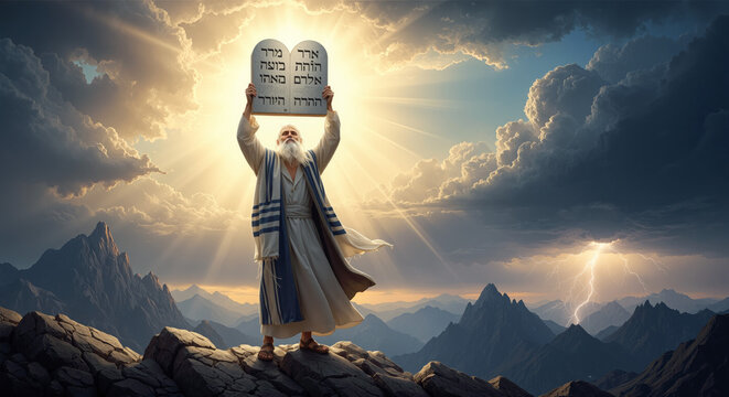 Moses holding the Ten Commandments on a mountain with dramatic sky and lightning symbolizing divine revelation and spiritual guidance. animation