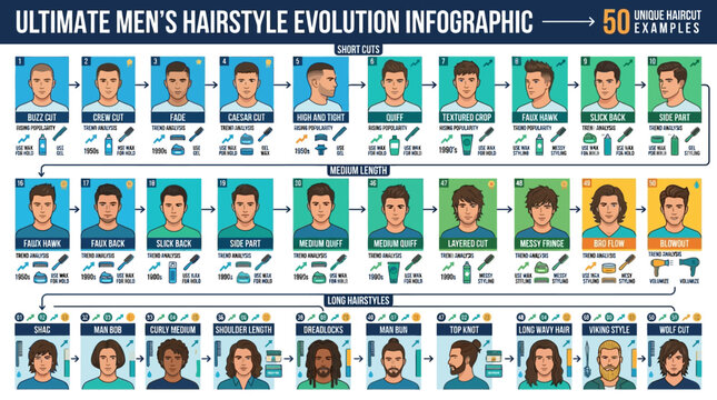Comprehensive Visual Infographic Charting the Evolution of Men's Hairstyles, Showcasing Diverse Haircuts and Grooming Trends