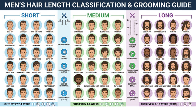 Informative guide illustrating diverse men's hair length classifications and grooming styles, featuring short, medium, and long haircuts