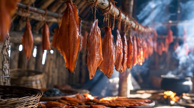 Salmon pieces hang in a smoky hut. This remote camp sits near Kuskokwim River in Alaska during summer.