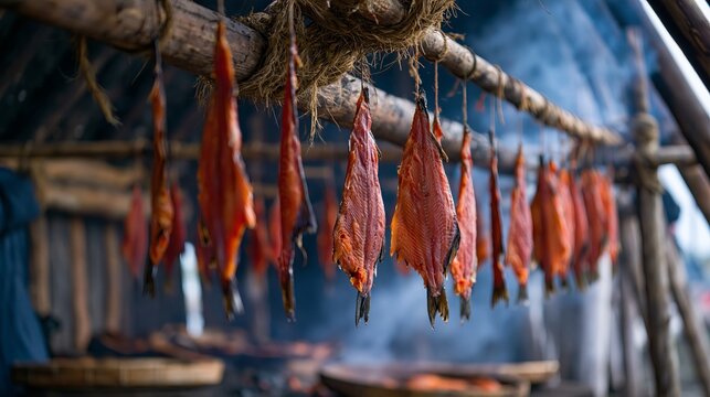 Salmon pieces hang in a smoky hut. This remote camp sits near Kuskokwim River in Alaska during summer.