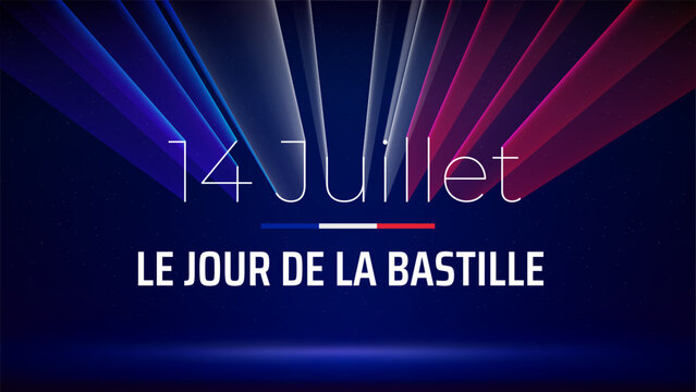 Banner 14 july bastille day in france, poster with french colorful laser light show on dark blue background. Laser france flag. French national holiday. Vector. Translation July 14 Bastille Day