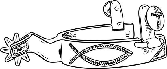 Fototapeta premium Cowboy spur vector illustration. Hand drawn line art of western horse riding equipment, isolated on transparent background