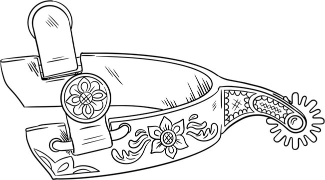 Cowboy spur vector illustration. Hand drawn line art of western horse riding equipment, isolated on transparent background