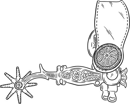 Cowboy spur vector illustration. Hand drawn line art of western horse riding equipment, isolated on transparent background