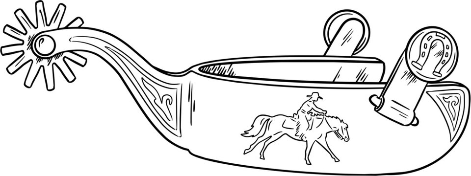 Cowboy spur vector illustration. Hand drawn line art of western horse riding equipment, isolated on transparent background