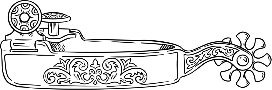 Cowboy spur vector illustration. Hand drawn line art of western horse riding equipment, isolated on transparent background