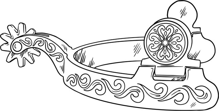 Cowboy spur vector illustration. Hand drawn line art of western horse riding equipment, isolated on transparent background