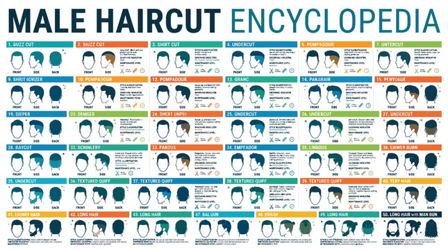 Extensive visual encyclopedia infographic of 54 diverse male haircuts, showcasing front, side, and back views for styling guidance.