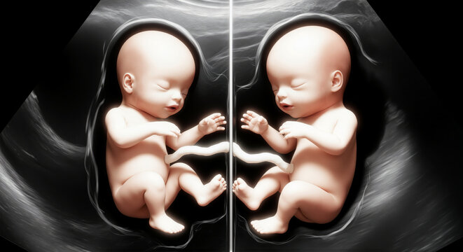 Realistic ultrasound scan of identical twins in womb fetal development at pregnancy prenatal care and twin babies animation
