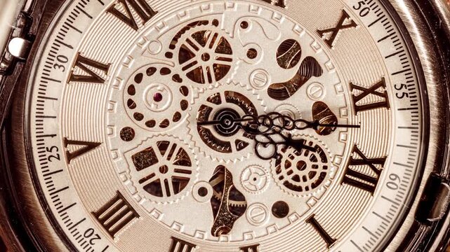 Macro view of mechanical vintage pocket watch ticking on old book background.