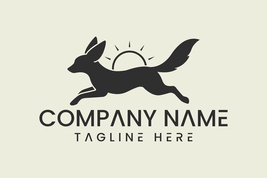 Running fennec fox and sun silhouette logo design