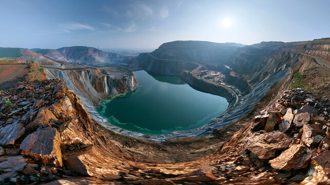 Panoramic 360-style view of a vast open-pit mining operation with disturbed land, terraced slopes and greenish water body, open pit panorama, quarry lake, industrial land, mining landscape,