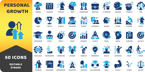 Fototapeta premium Personal growth and self improvement solid icon set. Career, mindset, and success vector glyphs.