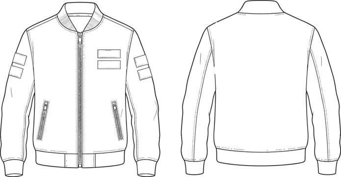 Blank bomber jacket with badge patches technical flat sketch vector template showing front and back views for apparel design