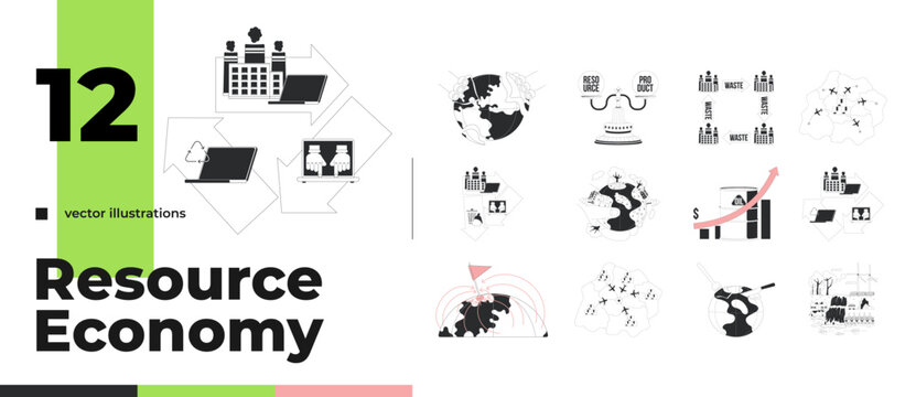 Resource economy line illustration concept set. World rebuilding. Export import. Oil price. Industrial symbiosis. Nature conservation outline 2D ideas isolated. Linear metaphor vector art collection