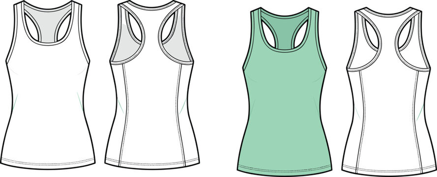 Blank racerback tank top technical flat sketch vector template showing front and back views for apparel design
