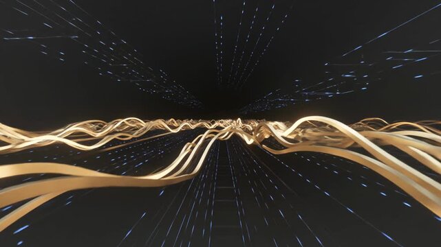 Abstract visualization of flowing golden lines and blue light particles creating a dynamic motion effect in a dark digital environment, emphasizing movement and continuity