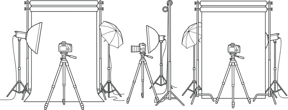 Professional photography studio setup vector flat sketch template showing backdrop softbox lighting umbrella and dslr camera on tripod