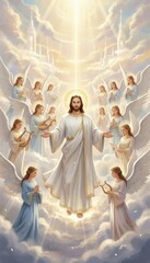Obraz premium Jesus Christ in heaven surrounded by a host of angels, divine light and ethereal clouds. Religious digital art illustration for church posters, spiritual banners, greeting cards and worship design