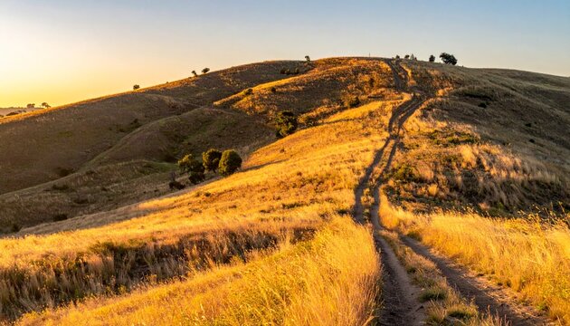 Golden hour aerial view of vineyard terraces at sunset.