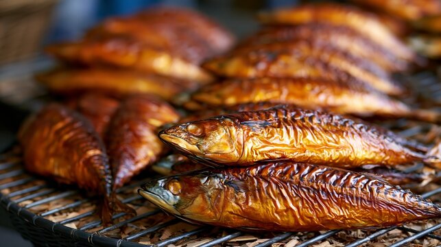 Smoked mackerel, cooked with wood chips, waits to be sold at a fish market.