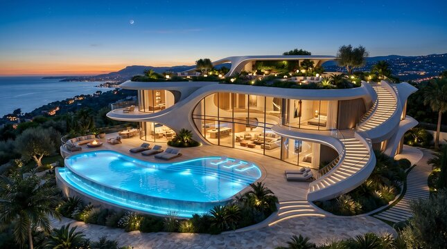 Modern luxury villa with infinity pool overlooking ocean at dusk