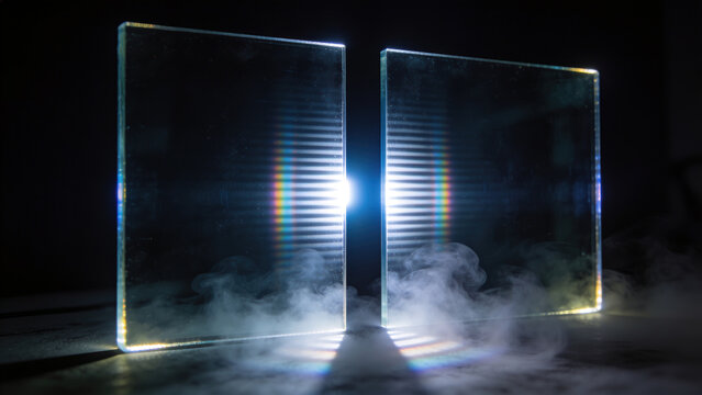 Quantum double-slit experiment glass barrier light interference fringe pattern volumetric fog physics science abstract background