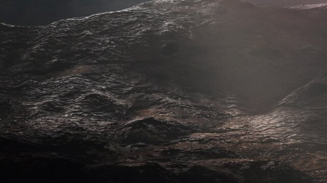 A rocky surface is shown under dim light. The texture and shadows create an interesting view. This scene resembles an alien planet or a distant moon in space.