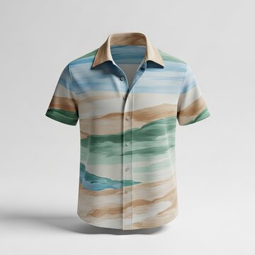 Stylish Mens Short-Sleeve Button-Up Shirt with Abstract Watercolor Landscape Pattern.