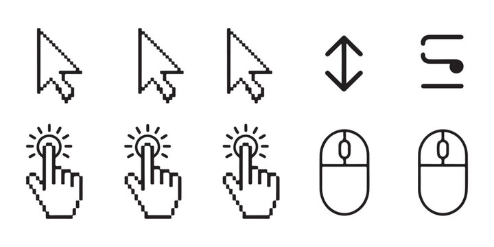Computer cursor and clicker hand icon set for web navigation including pixel art and smooth line versions.