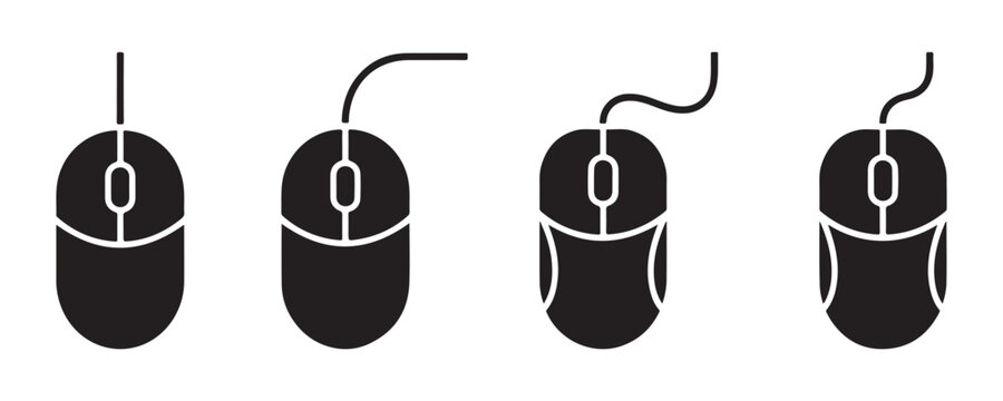 Computer mouse silhouettes with different wire shapes and ergonomic designs for workstation hardware setup.