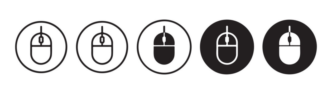 Computer mouse icon set in circles Outline and solid black on transparent background.