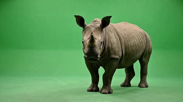 Isolated Sumatran Rhinoceros Standing On Vibrant Green Screen Background For Wildlife Conservation Projects In 4K