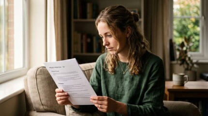 Obraz premium A woman wearing a green linen top reads a project proposal while sitting on a comfortable couch near a window, reviewing business documents in a home office environment