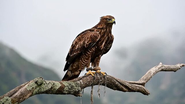 Javan Hawk-Eagle Balances Gracefully On A Swaying Branch Amidst A Misty Mountainous Background In Nature Scene