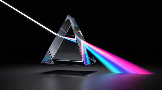 AI inference glass triangular prism white beam spectrum refraction dispersion cyan violet dark abstract technology concept background