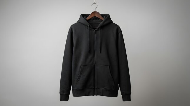 Black zip-up hoodie mockup on wooden hanger, blank hooded sweatshirt template for apparel design, minimalist streetwear fleece jacket on grey background