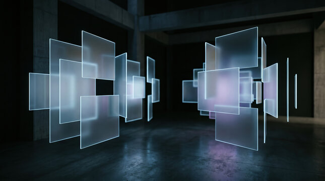 Spatial computing mixed reality floating glass panels ambient frosted interface AR VR dark abstract technology visualization background