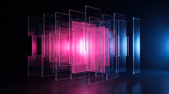 Mixed reality XR glass panel array magenta pink blue neon 3D spatial computing floating display abstract technology dark background