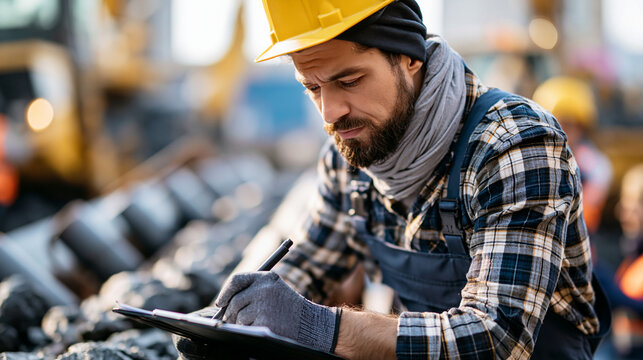 Young engineer in safety helmet checking ore fraction near a quarry conveyor, clipboard and protective gear, quality control, mining engineer, ore inspection, quarry control, industrial