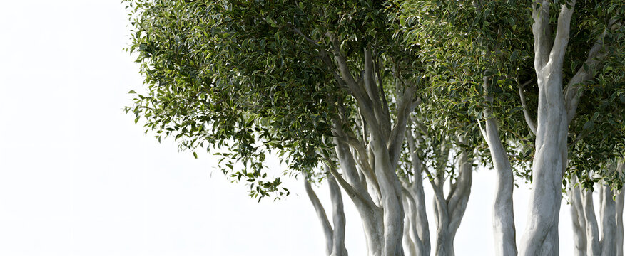 A side view of urban Ficus benjamina trees against a white background.