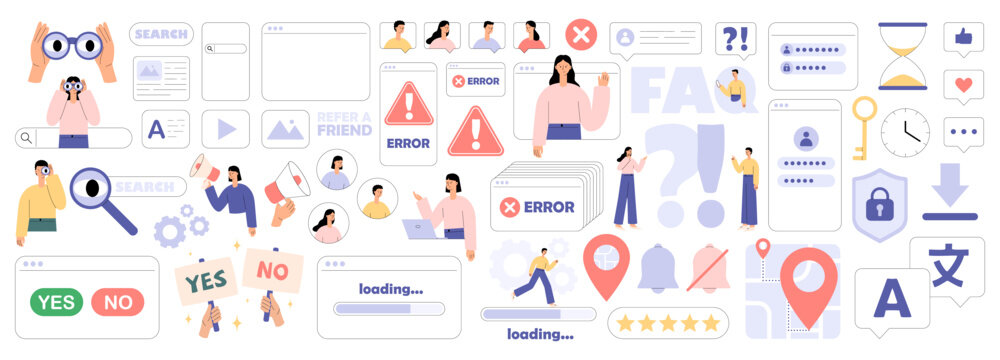 UI UX icon set with people, web interface and app elements. Search, error, loading, FAQ, login, GPS, notification, translation, rating, megaphone and refer a friend screen. Flat vector illustration