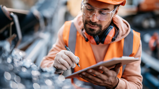 Young engineer in safety helmet checking ore fraction near a quarry conveyor, clipboard and protective gear, quality control, mining engineer, ore inspection, quarry control, industrial