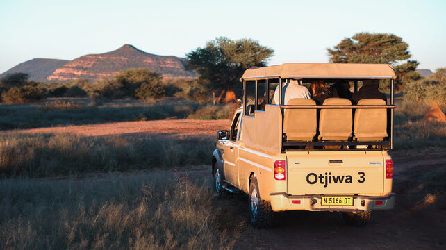 Otjiwarongo, Namibia - May 26, 2026: Visitors on a safari tour in Okonjima Nature Reserve, Namibia during sunset