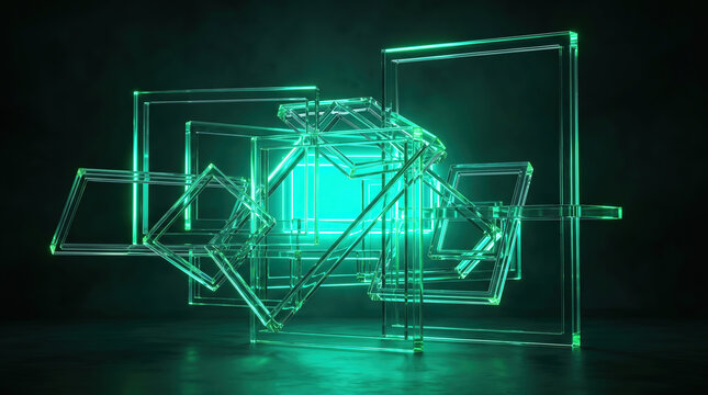 DeFi smart contract interlocking glass frames green cyan neon blockchain Web3 decentralized finance abstract technology dark background