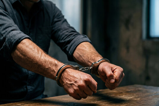 Strong muscular male arms locked in metal handcuffs