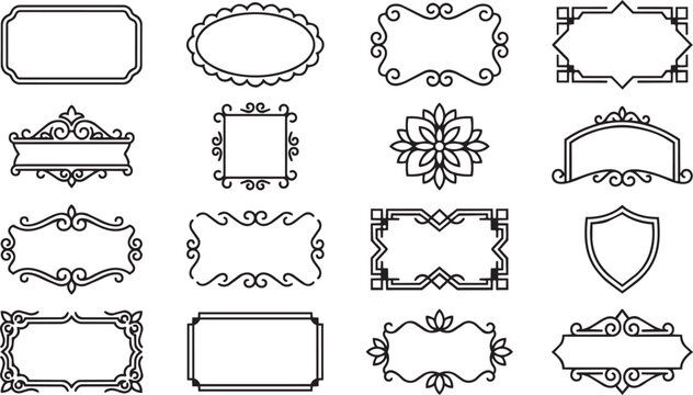 Set of decorative vintage frames and elegant border elements for graphic design projects on transparent background