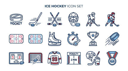 Fototapeta premium Ice Hockey Icon Set: Puck, Stick, Skates, Goal, Trophy, Referee, Player, Rink, Stopwatch