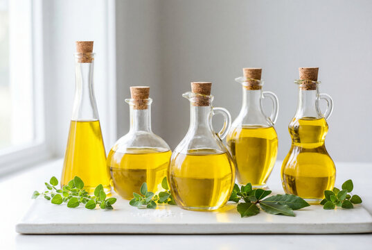 Assorted glass cruets filled with golden extra virgin olive oil